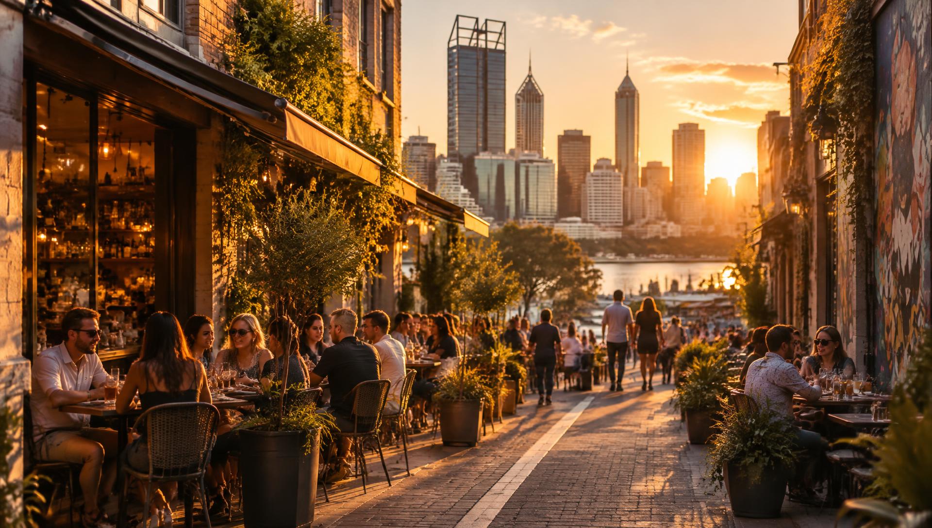 Perth laneway dining at sunset with the city skyline behind